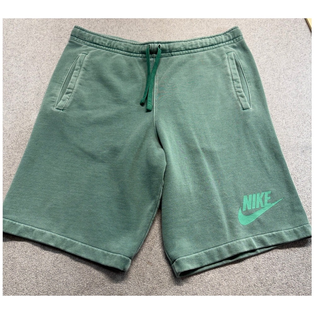 Nike Mens M French Terry Shorts Green Washed Faded Swoosh Logo Drawstring Sporty